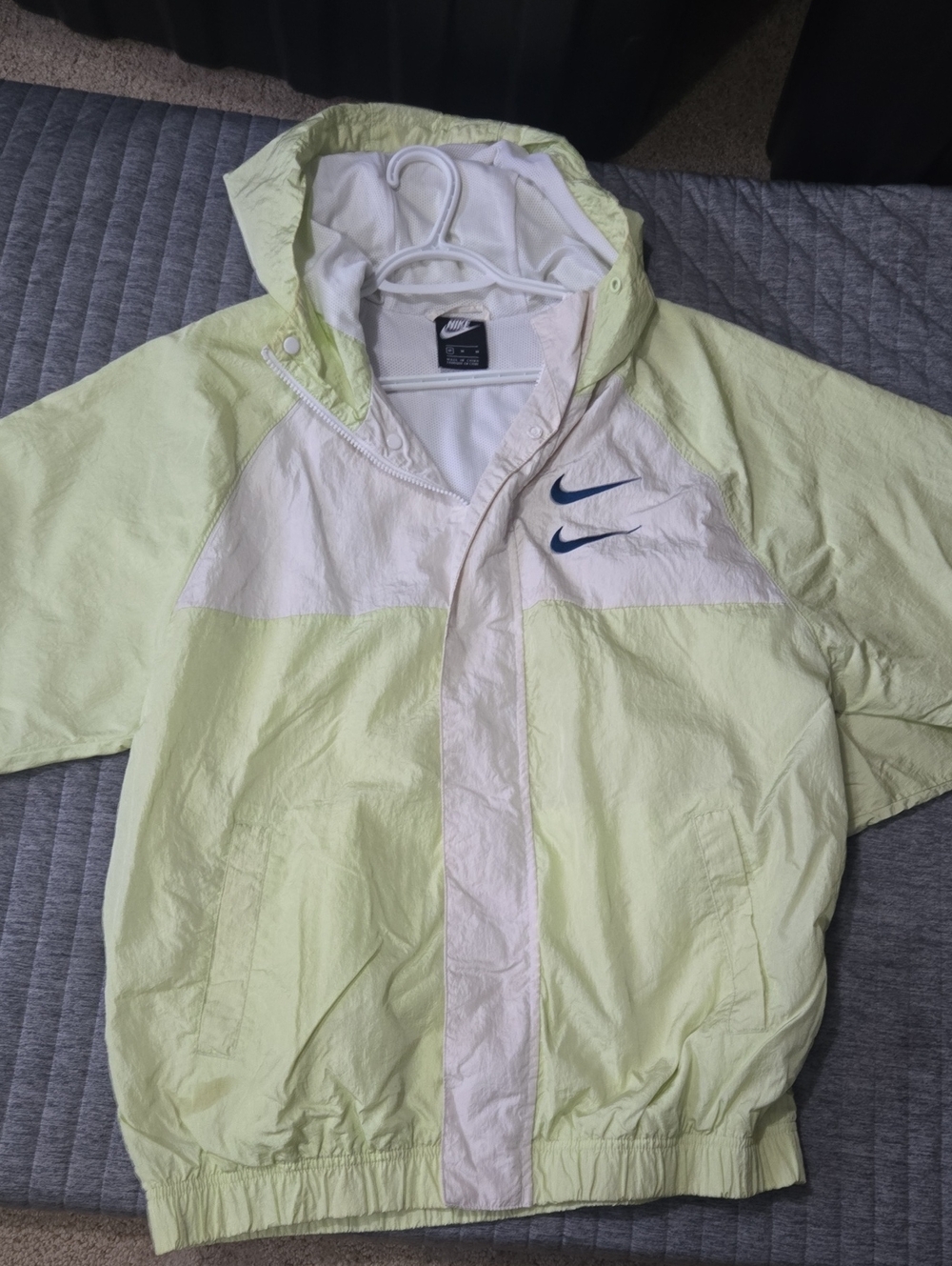 Nike Light Yellow and White Hooded Windbreaker with Navy Swoosh